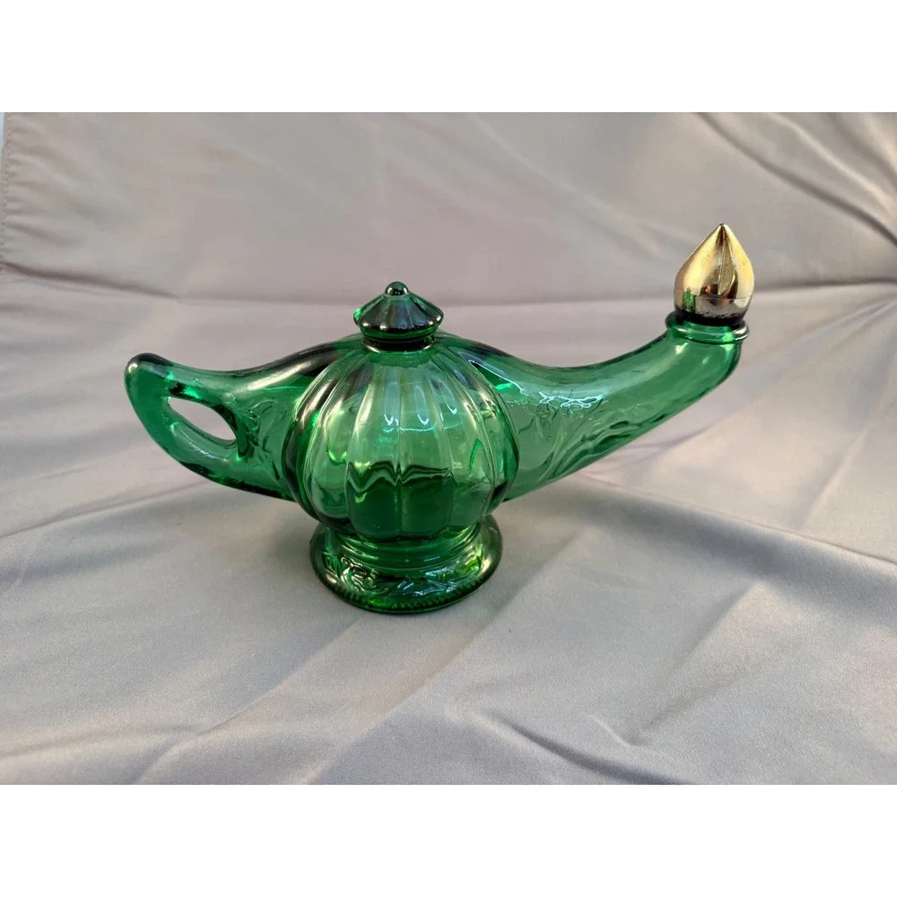 Vintage Avon Emerald Green Glass Aladdin Lamp Genie Decanter Bottle Gold Stopper